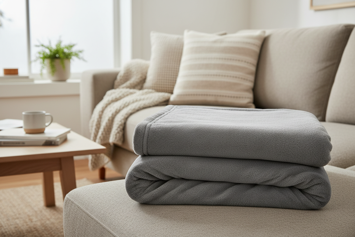 gray heated blanked neatly folded up on a couch 