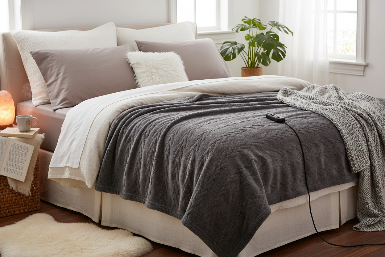 Gray heating blanket on bed